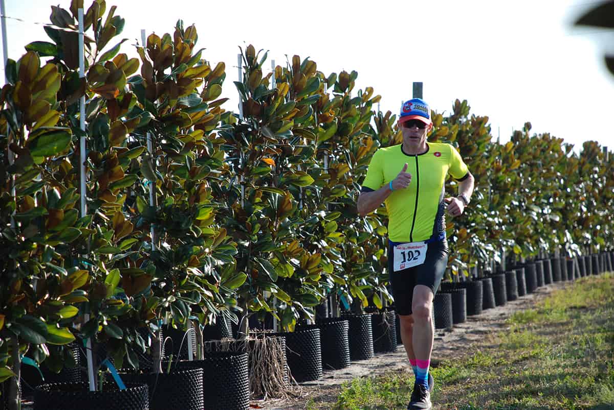 A male runner runs along a grass path between containerized Magnolia trees.