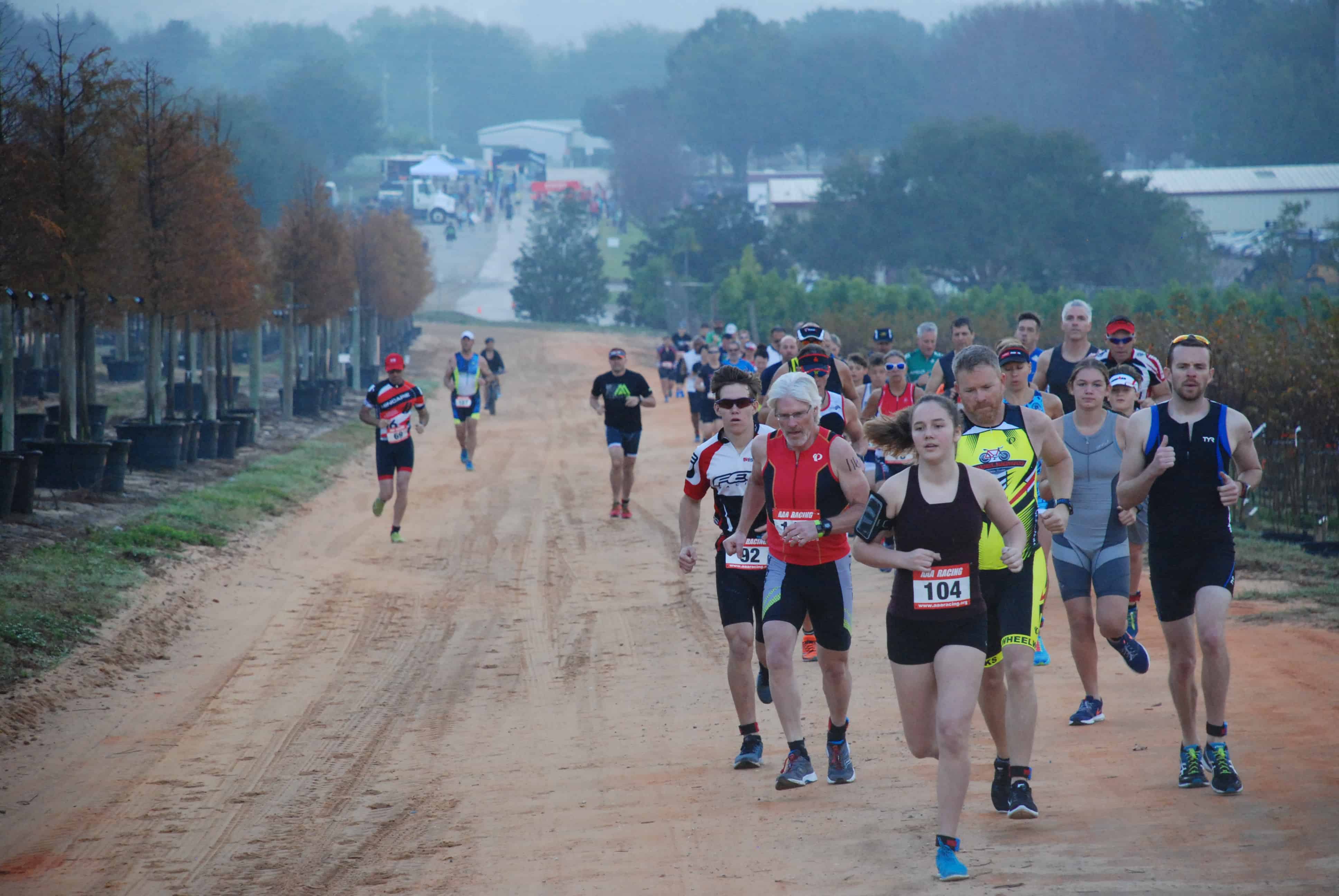 Runners run on a clay trail beside rows of containerized bald cypress trees..